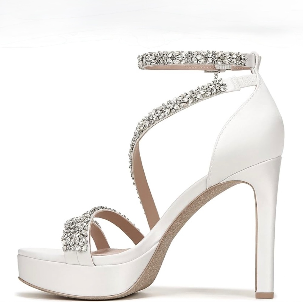 Pnina Tornai Love White Jeweled Embellished Satin Platform Sandals / Heels - Picture 7 of 7
